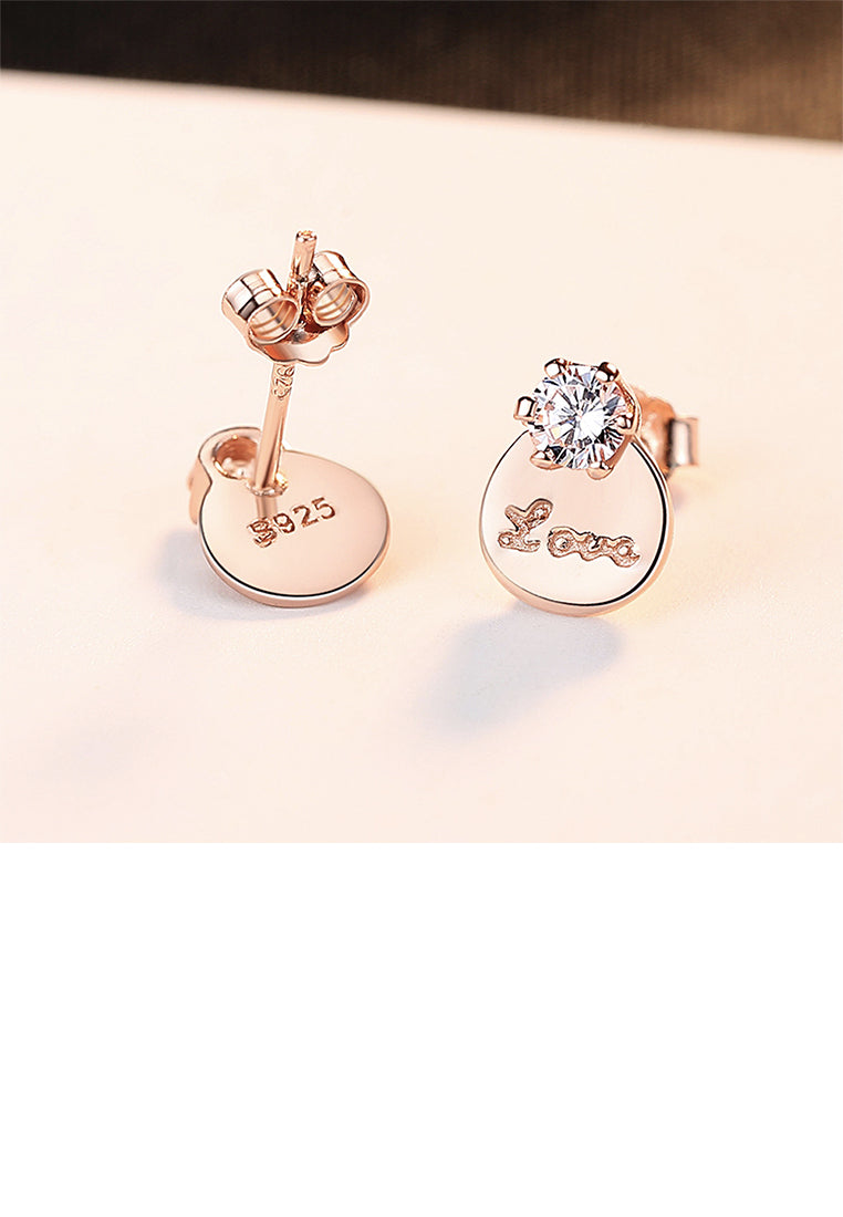 925 Sterling Silver Plated Rose Gold Simple Romantic LOVE Geometric Round Cubic Zirconia Stud Earrings - Luxurious Look