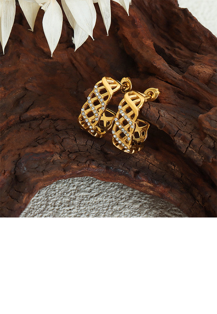 Fashion and Temperament Plated Gold 316L Stainless Steel Hollow Line Geometric Stud Earrings with Cubic Zirconia - Luxurious Look