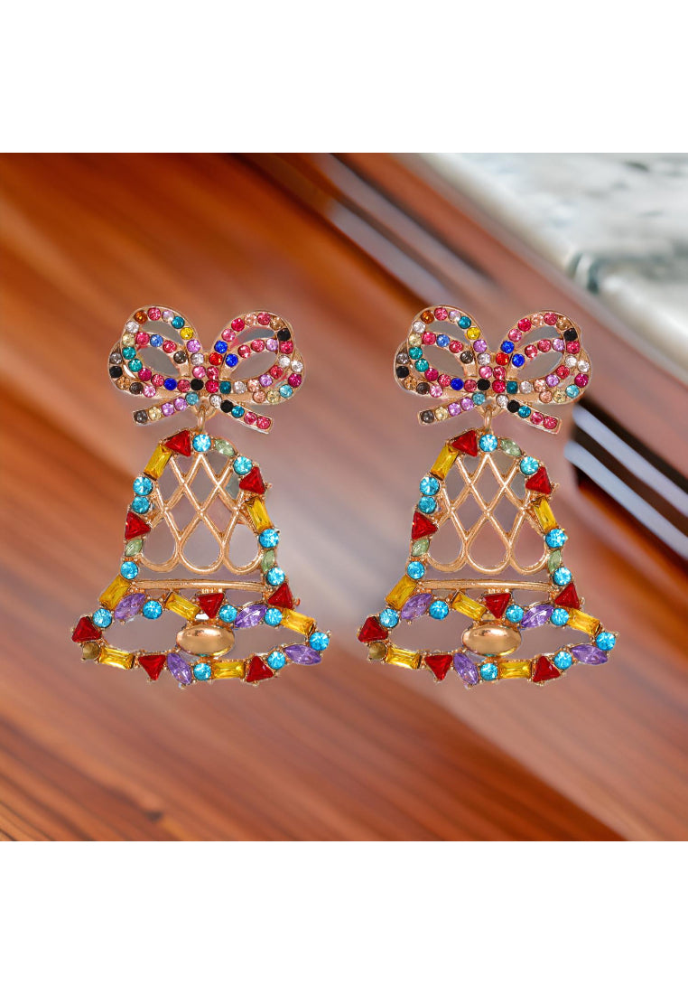 Fashion and Simple Plated Gold Hollow Christmas Bell Stud Earrings with Cubic Zirconia - Luxurious Look