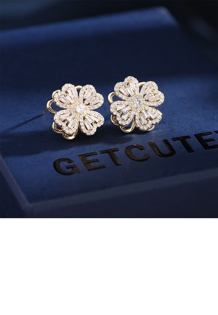 Fashion Simple Plated Gold Hollow Flower Stud Earrings with Cubic Zirconia - Luxurious Look