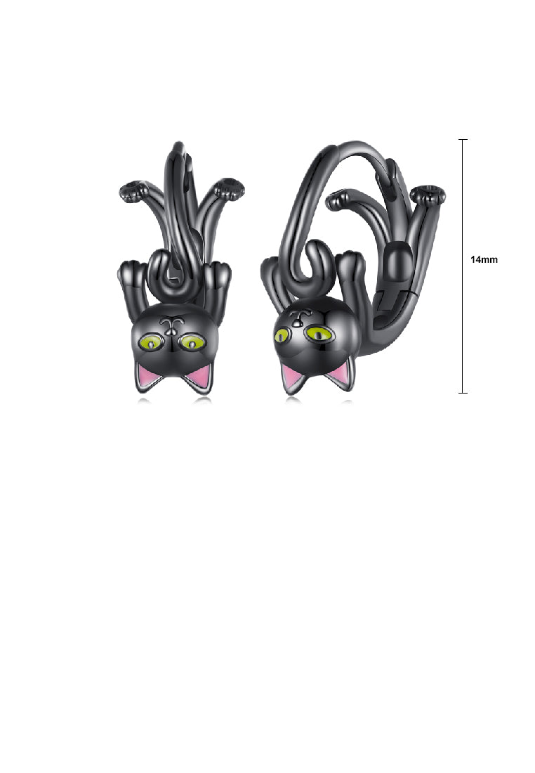 925 Sterling Silver Plated Black Simple Cute Cat Geometric Circle Earrings