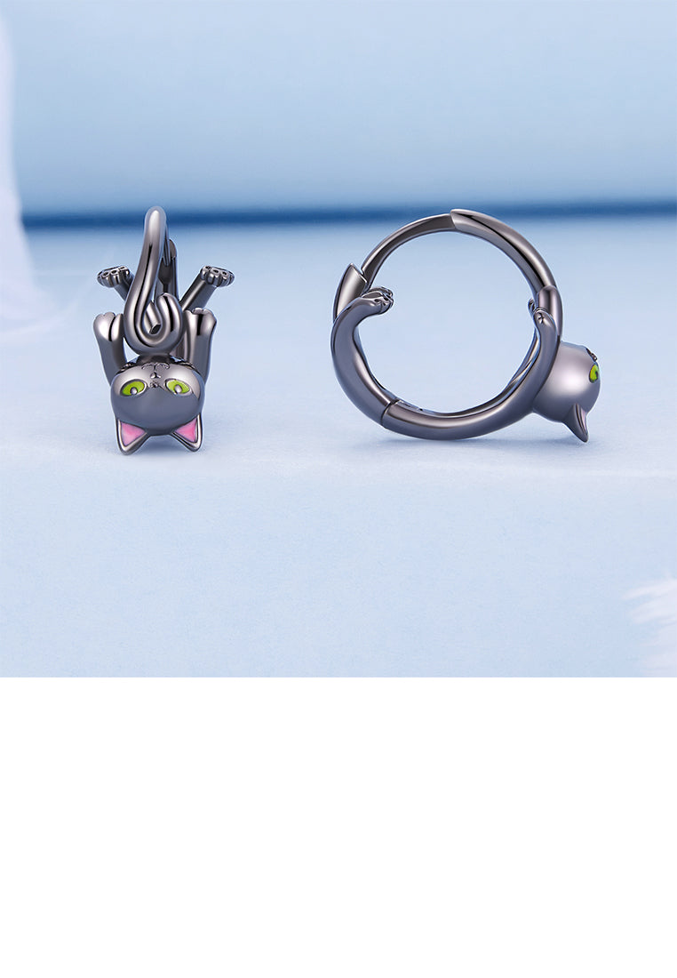 925 Sterling Silver Plated Black Simple Cute Cat Geometric Circle Earrings
