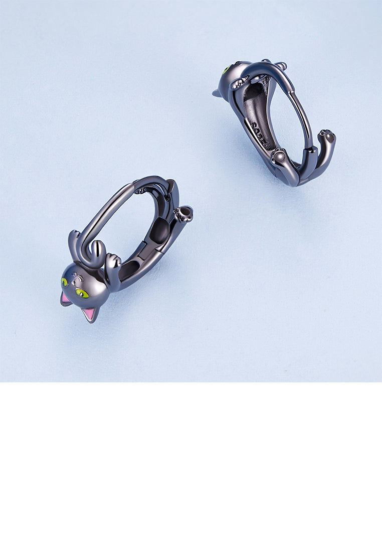 925 Sterling Silver Plated Black Simple Cute Cat Geometric Circle Earrings