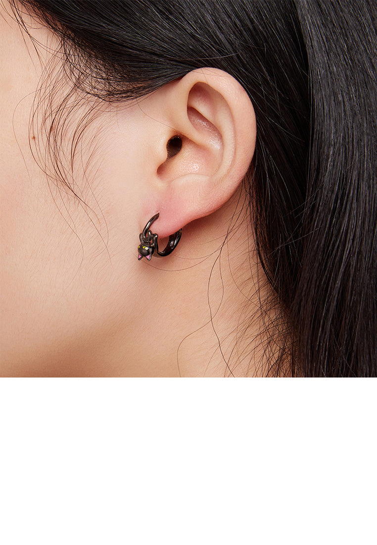 925 Sterling Silver Plated Black Simple Cute Cat Geometric Circle Earrings