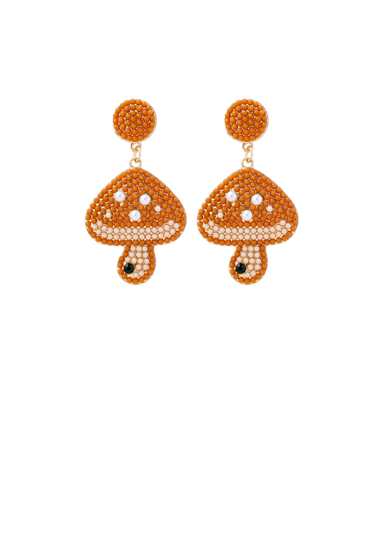 Fashion and Cute Plated Gold Mushroom Brown Ball Earrings - Vibrant Color