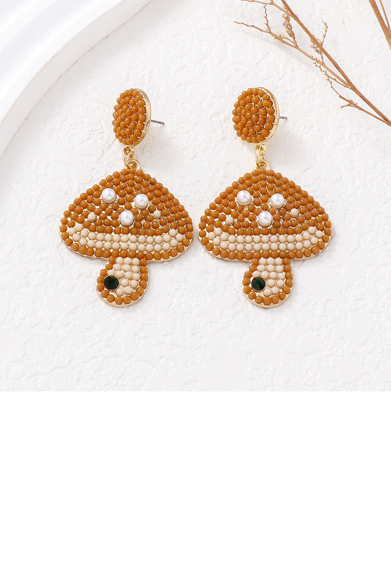 Fashion and Cute Plated Gold Mushroom Brown Ball Earrings - Vibrant Color