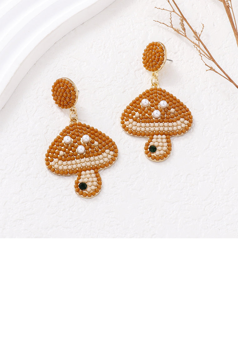 Fashion and Cute Plated Gold Mushroom Brown Ball Earrings - Vibrant Color