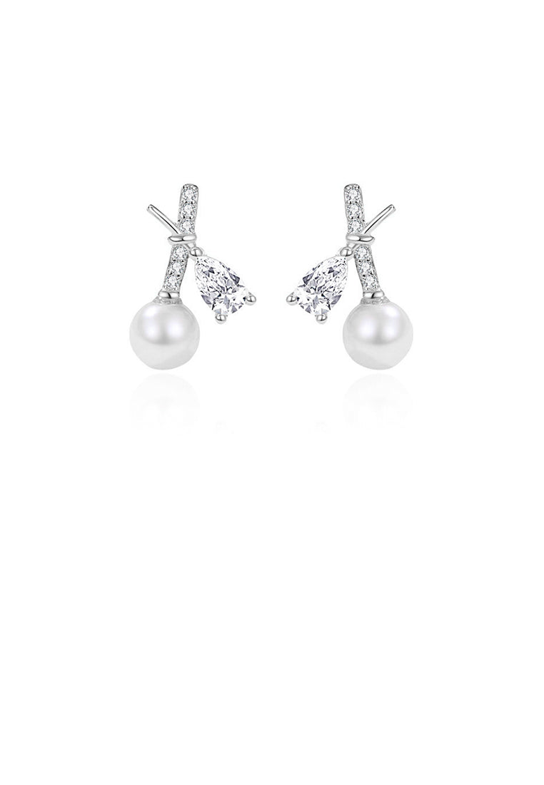 925 Sterling Silver Simple and Fashion Cross Imitation Pearl Stud Earrings with Cubic Zirconia - Luxurious Look