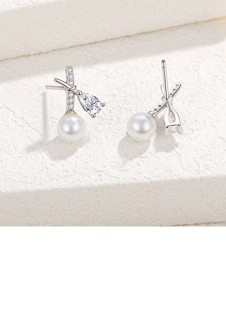 925 Sterling Silver Simple and Fashion Cross Imitation Pearl Stud Earrings with Cubic Zirconia - Luxurious Look