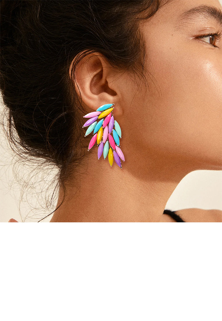 Fashion Brilliant Plated Gold Feather Earrings with Colored Cubic Zirconia - Luxurious Look