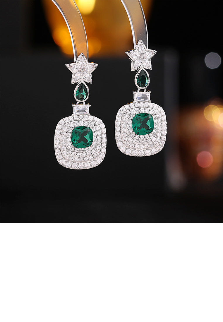Simple Brilliant Star Geometric Green Cube Earrings with Cubic Zirconia - Luxurious Look