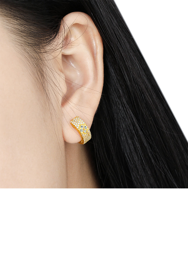 925 Sterling Silver Plated Gold Fashion Brilliant Four-Leafed Clover Geometric Hoop Earrings with Cubic Zirconia - Luxurious Look