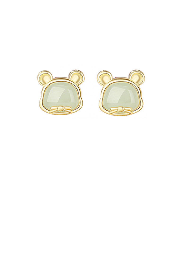 925 Sterling Silver Plated Gold Simple and Elegant Twelve Zodiac Mice Imitation Hetian Jade Stud Earrings