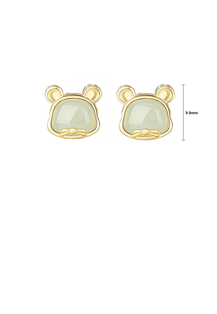 925 Sterling Silver Plated Gold Simple and Elegant Twelve Zodiac Mice Imitation Hetian Jade Stud Earrings