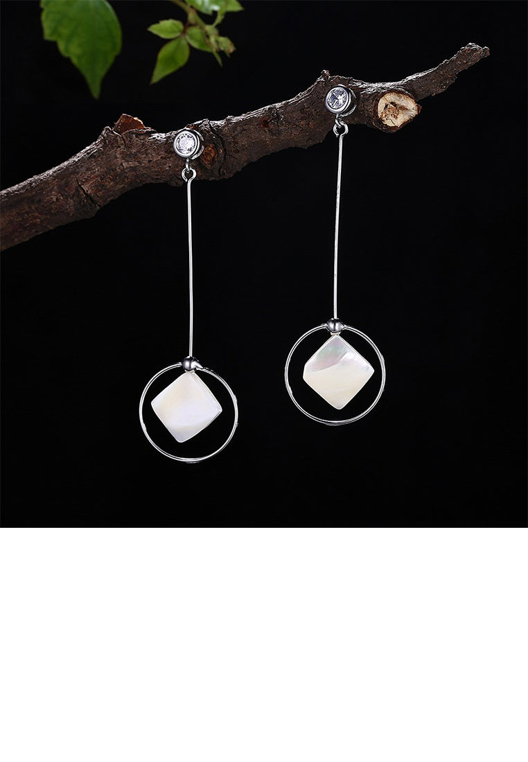 925 Sterling Silver Simple Elegant Fashion Geometric Round and Sqaure Sqaure Shell Earrings with Cubic Zircon
