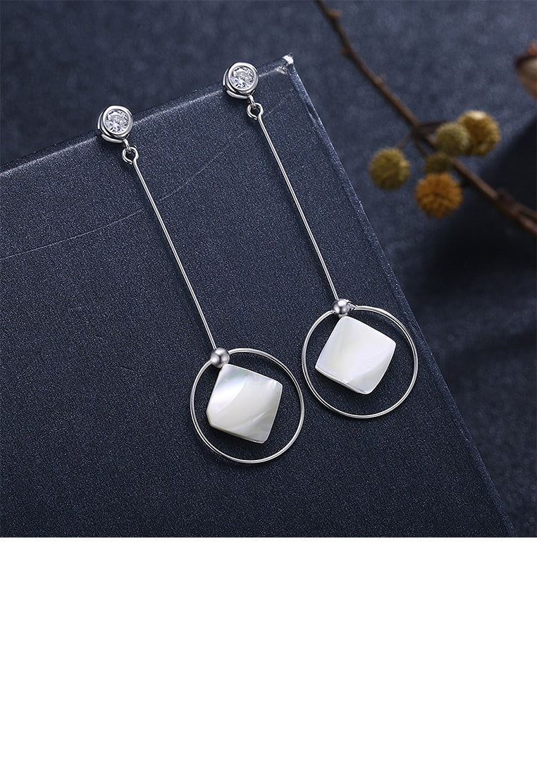 925 Sterling Silver Simple Elegant Fashion Geometric Round and Sqaure Sqaure Shell Earrings with Cubic Zircon