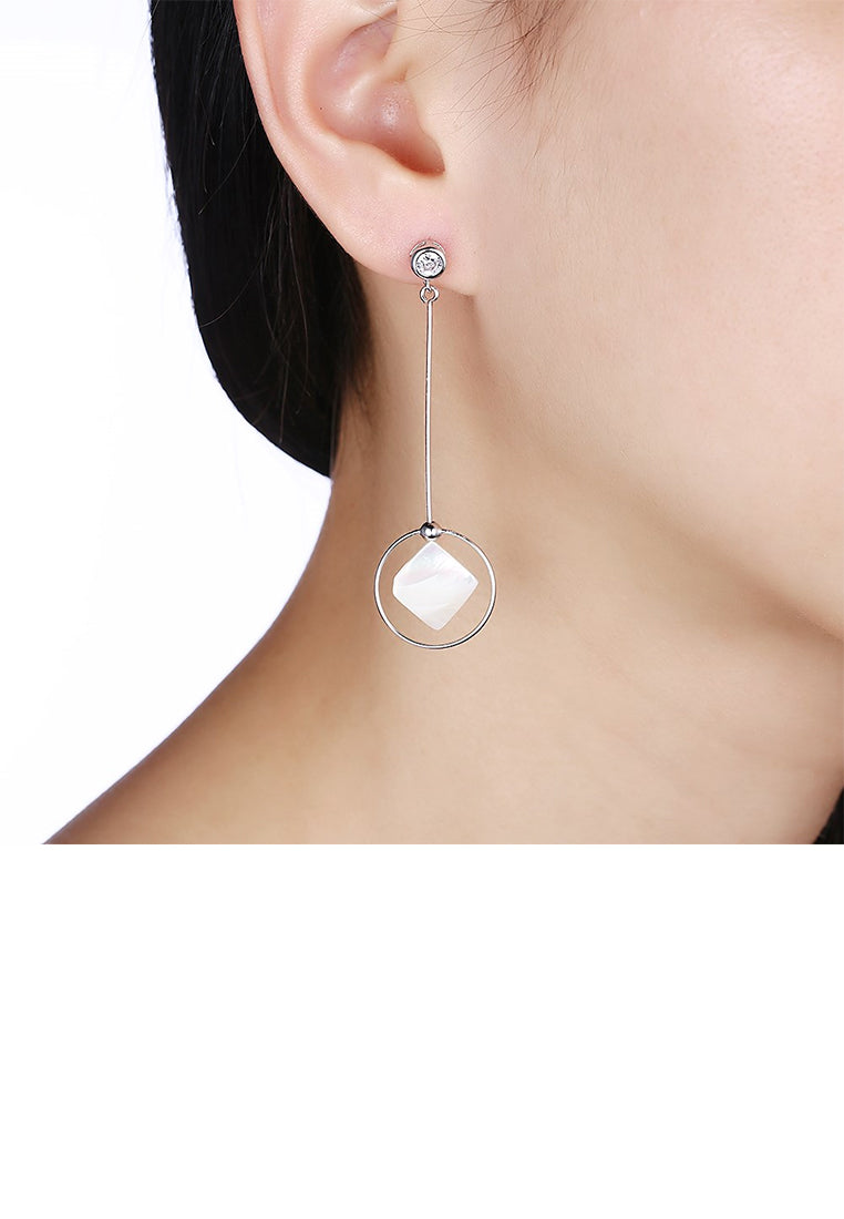 925 Sterling Silver Simple Elegant Fashion Geometric Round and Sqaure Sqaure Shell Earrings with Cubic Zircon