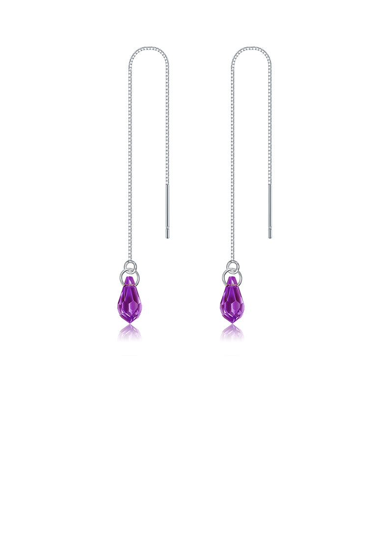 925 Sterling Silver Simple Water Drop Shape Purple Austrian Element Crystal Tassel Earrings