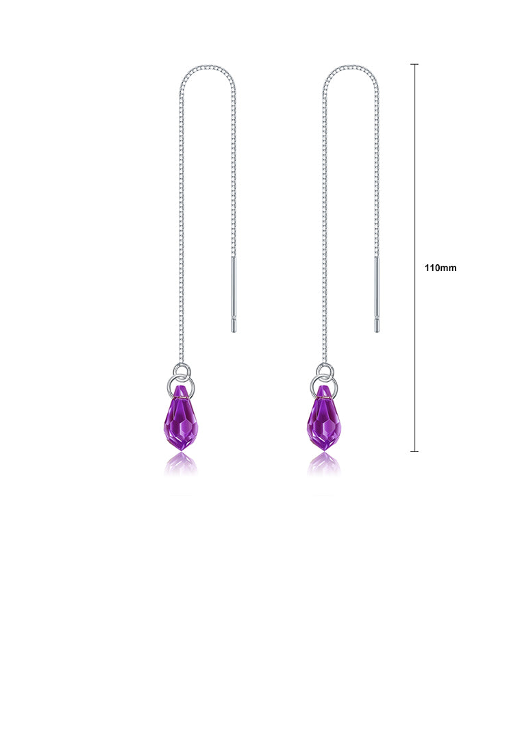 925 Sterling Silver Simple Water Drop Shape Purple Austrian Element Crystal Tassel Earrings