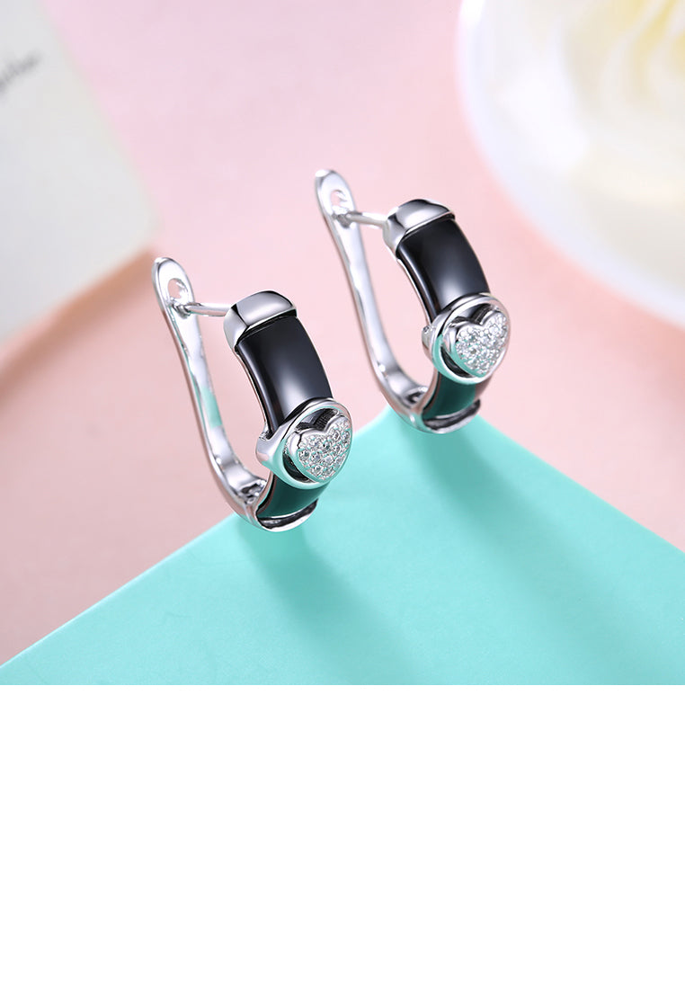 925 Sterling Silve Black Ceramic Elegant Noble Heart Shape Earrings with Cubic Zircon