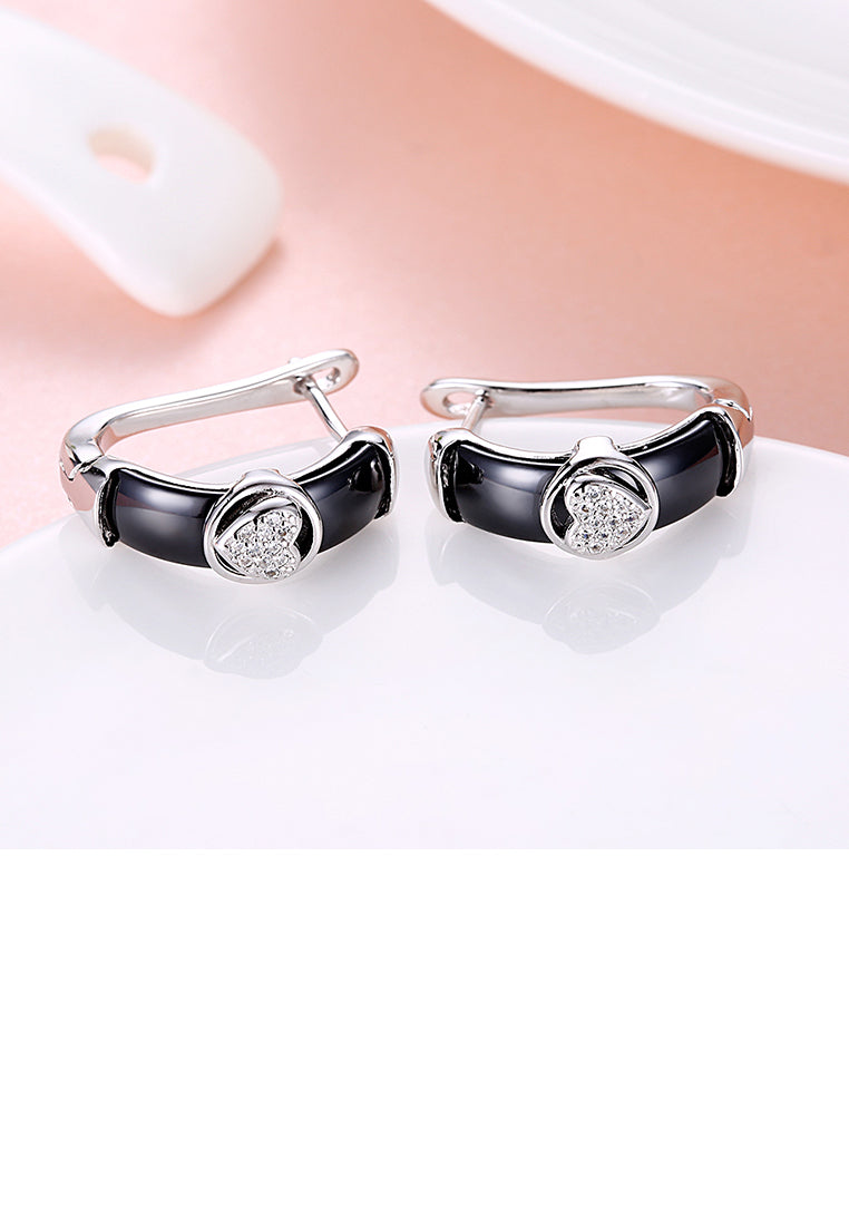 925 Sterling Silve Black Ceramic Elegant Noble Heart Shape Earrings with Cubic Zircon