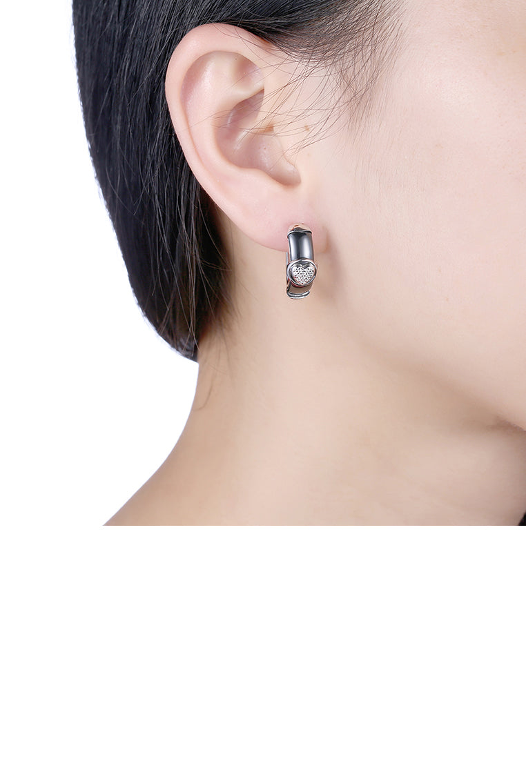 925 Sterling Silve Black Ceramic Elegant Noble Heart Shape Earrings with Cubic Zircon