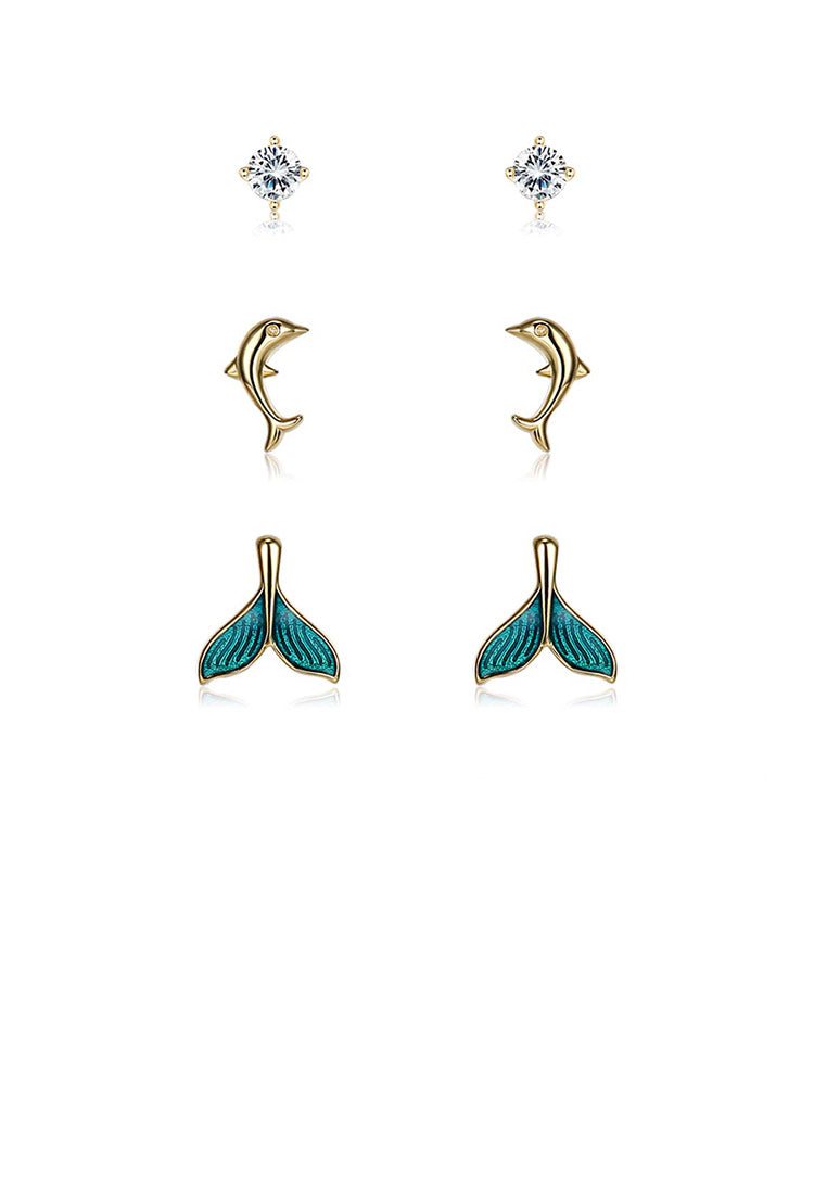 925 Sterling Silver Plated Gold Simple Green Dolphin Cubic Zircon Three-Piece Earrings