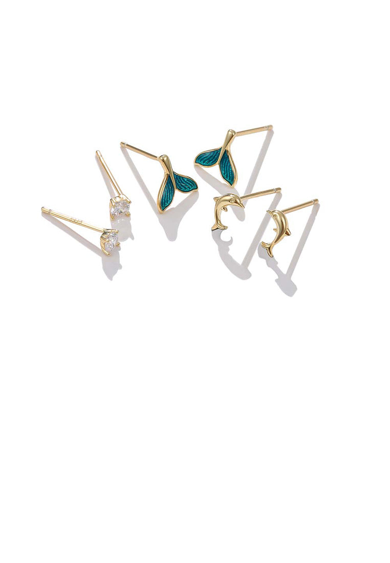 925 Sterling Silver Plated Gold Simple Green Dolphin Cubic Zircon Three-Piece Earrings
