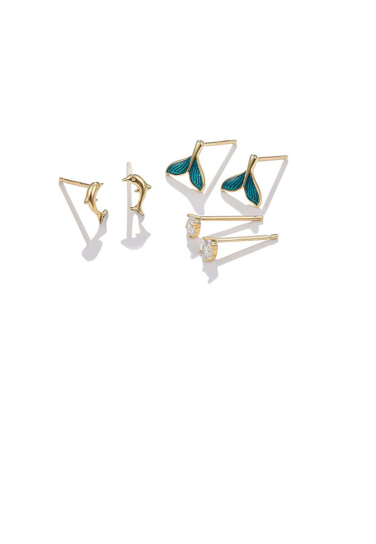 925 Sterling Silver Plated Gold Simple Green Dolphin Cubic Zircon Three-Piece Earrings