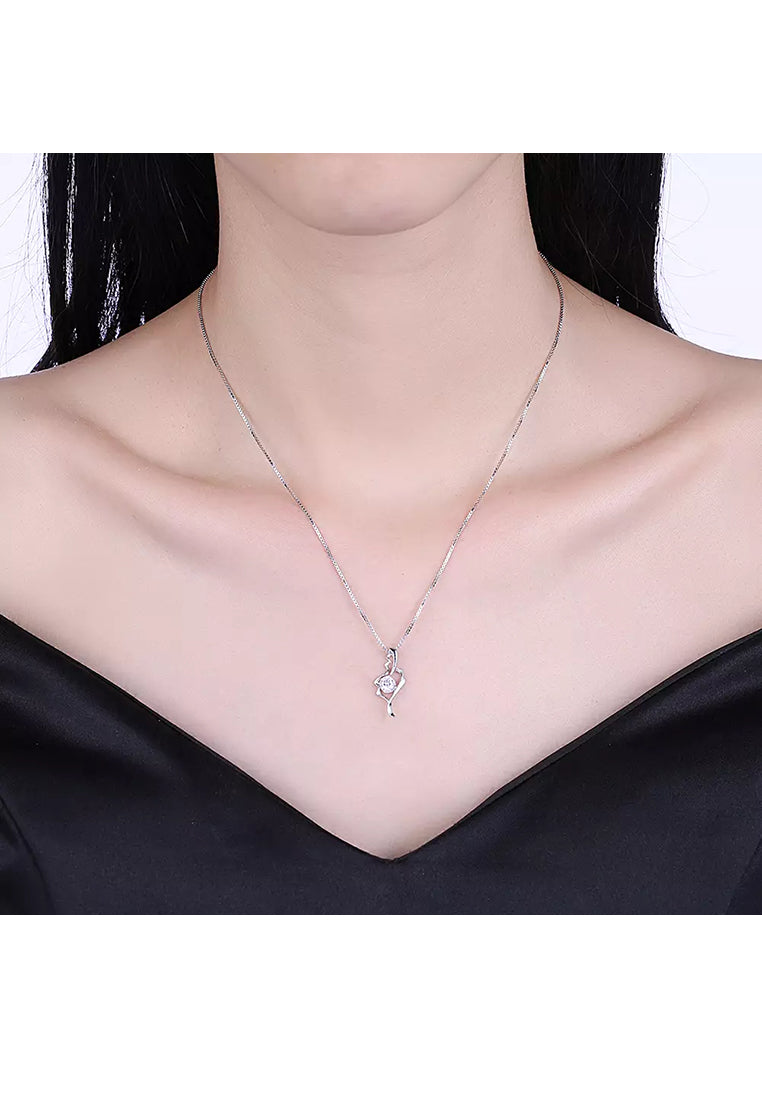 925 Sterling Silver Elegant Fashion Hollow Out Leaf Pendant Necklace with Cubic Zircon