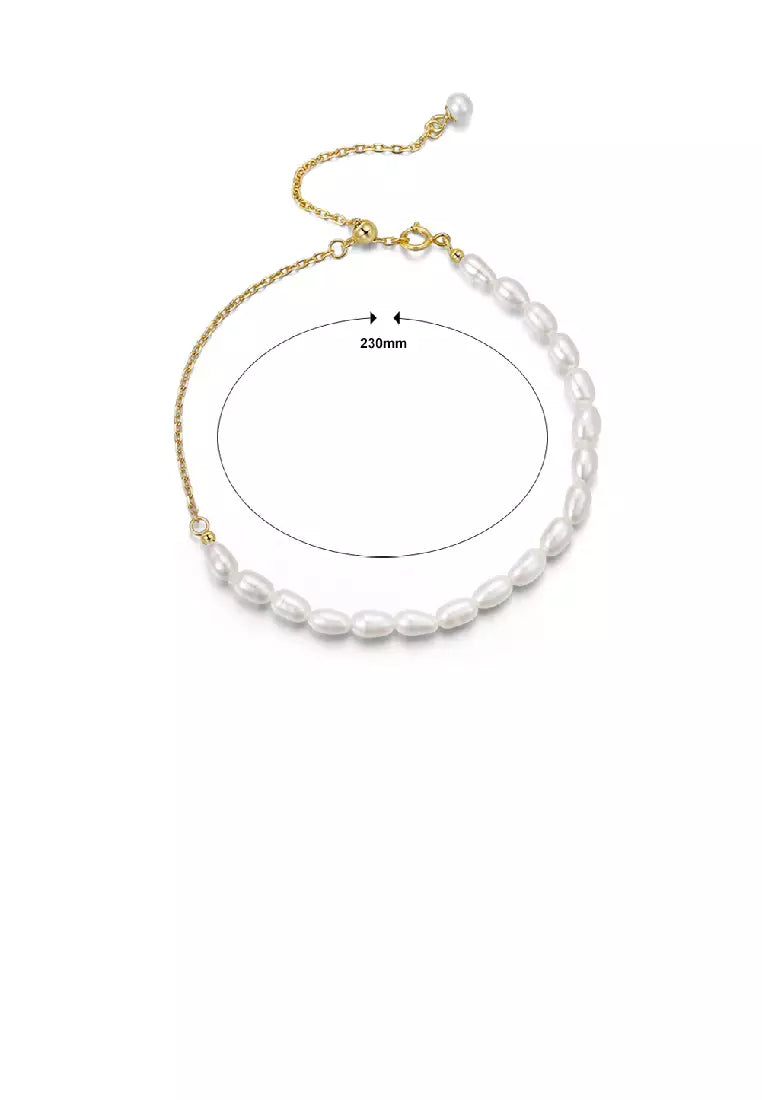 925 Sterling Silver Plated Gold Simple Temperament Freshwater Pearl Beaded Adjustable Bracelet - Luxurious Look