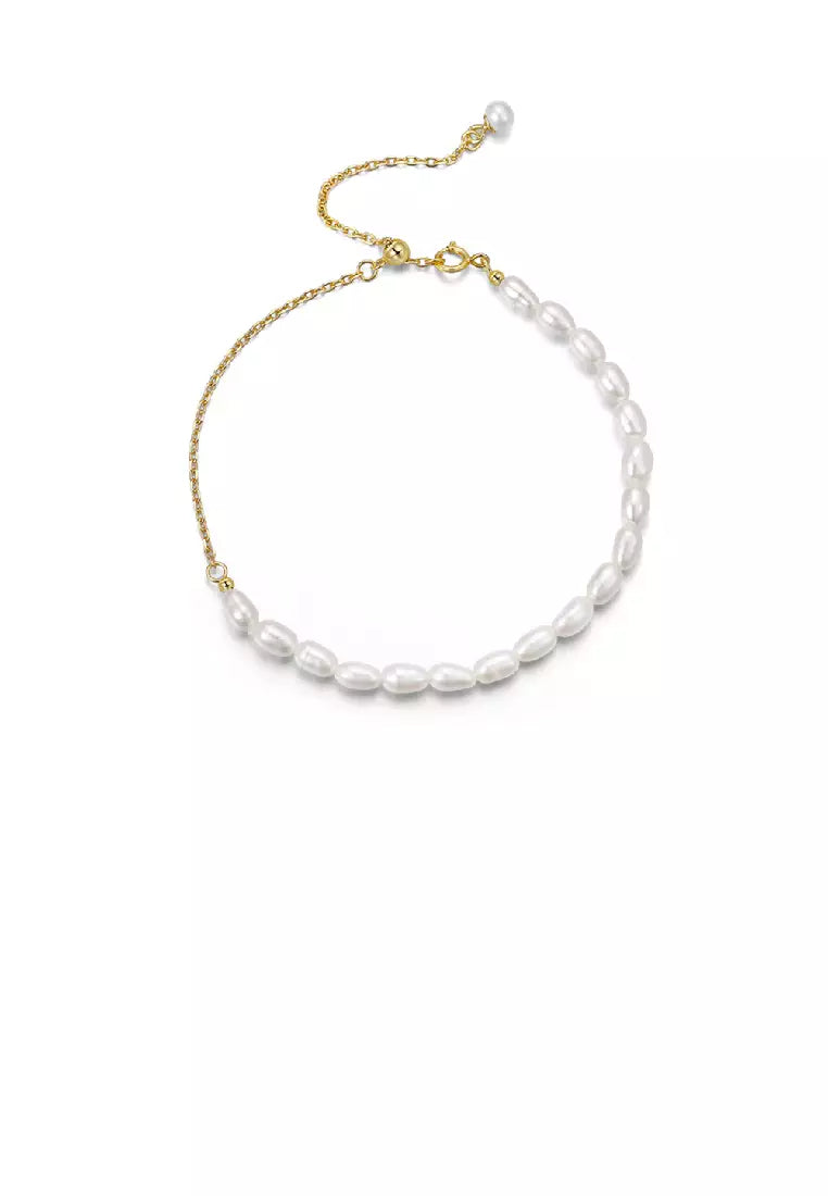 925 Sterling Silver Plated Gold Simple Temperament Freshwater Pearl Beaded Adjustable Bracelet - Luxurious Look