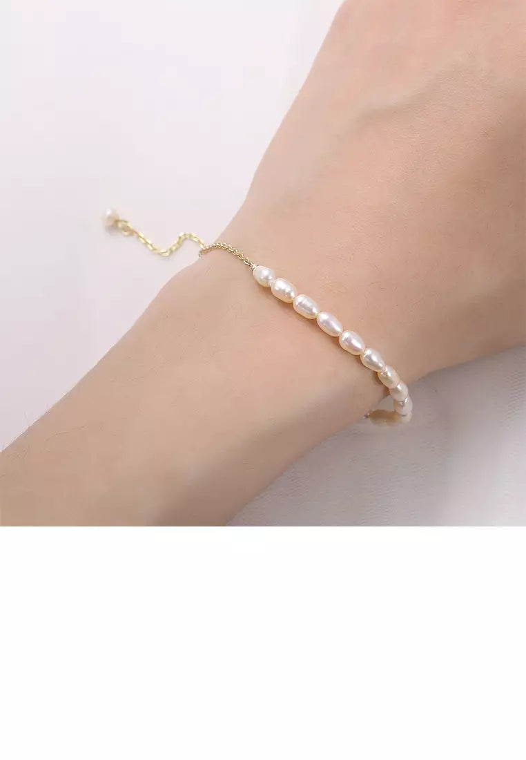 925 Sterling Silver Plated Gold Simple Temperament Freshwater Pearl Beaded Adjustable Bracelet - Luxurious Look