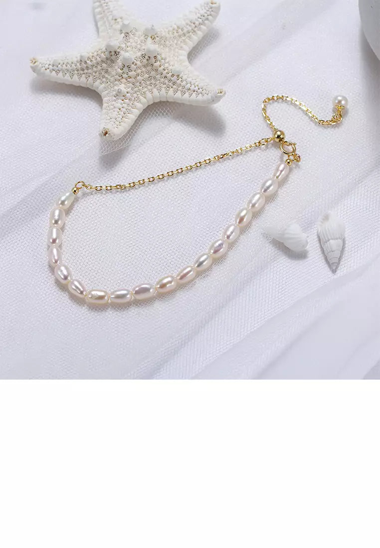 925 Sterling Silver Plated Gold Simple Temperament Freshwater Pearl Beaded Adjustable Bracelet - Luxurious Look
