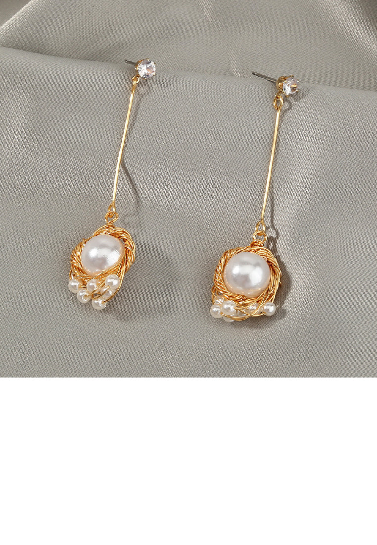 Fashion Creative Plated Gold Braided Geometric Round Tassel Earrings with Imitation Pearls