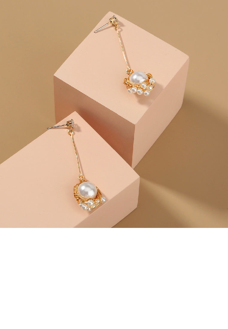 Fashion Creative Plated Gold Braided Geometric Round Tassel Earrings with Imitation Pearls