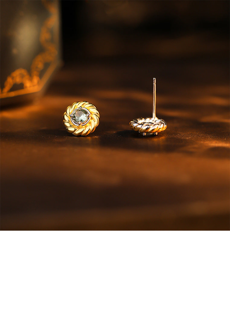 925 Sterling Silver Plated Gold Simple and Fashion Twist Geometric Round Stud Earrings with Cubic Zirconia - Luxurious Look