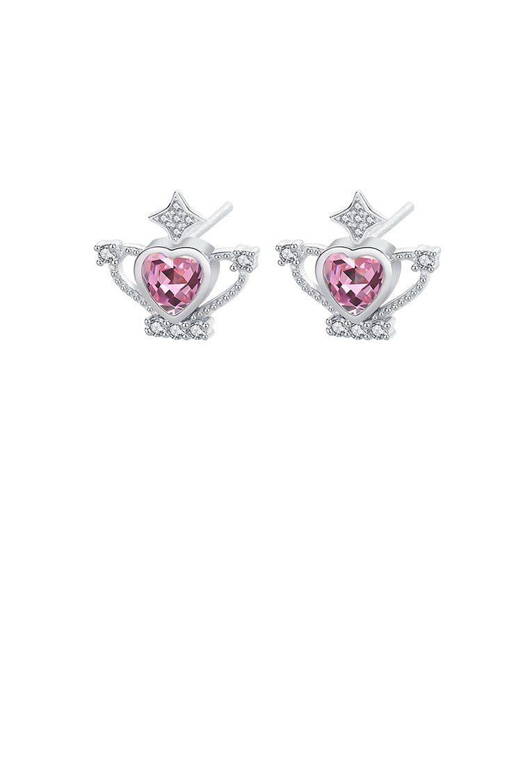 925 Sterling Silver Fashion Simple Heart Shape Crown Stud Earrings with Pink Cubic Zirconia - Luxurious Look - Vibrant Color