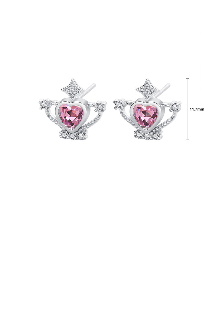 925 Sterling Silver Fashion Simple Heart Shape Crown Stud Earrings with Pink Cubic Zirconia - Luxurious Look - Vibrant Color