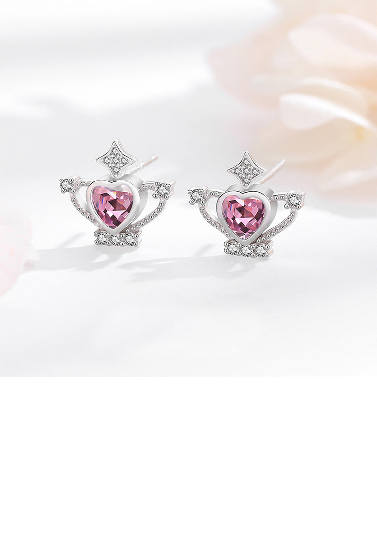 925 Sterling Silver Fashion Simple Heart Shape Crown Stud Earrings with Pink Cubic Zirconia - Luxurious Look - Vibrant Color