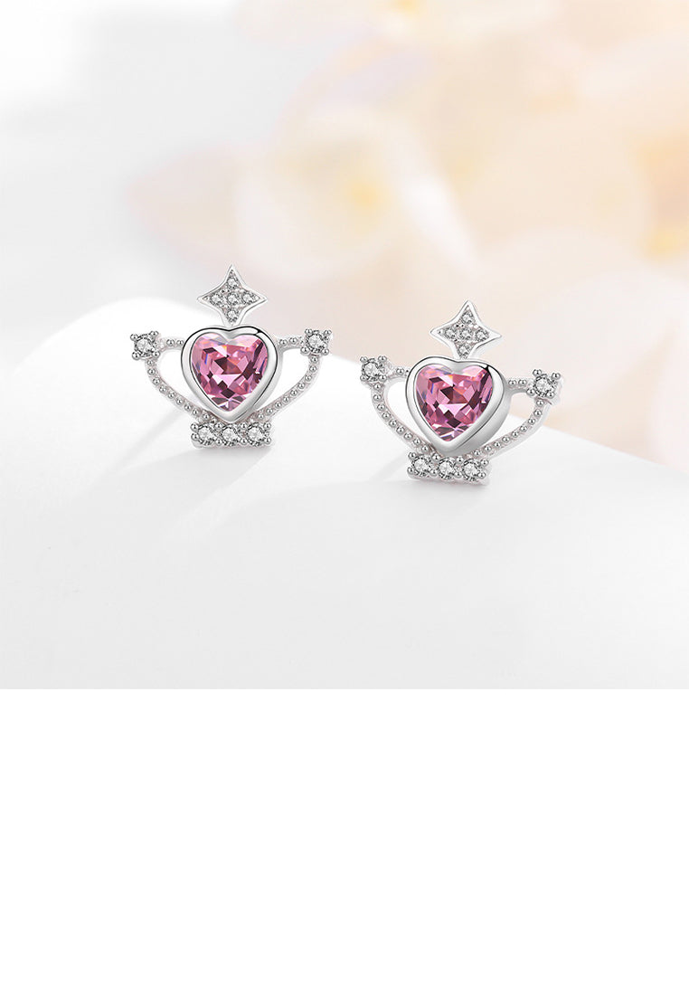 925 Sterling Silver Fashion Simple Heart Shape Crown Stud Earrings with Pink Cubic Zirconia - Luxurious Look - Vibrant Color