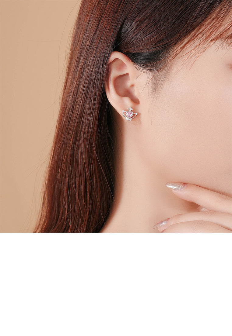 925 Sterling Silver Fashion Simple Heart Shape Crown Stud Earrings with Pink Cubic Zirconia - Luxurious Look - Vibrant Color