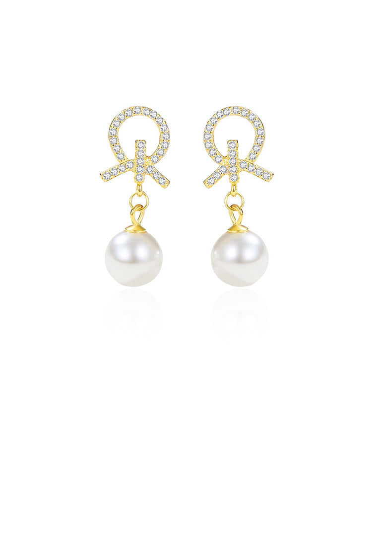 925 Sterling Silver Plated Gold Fashion Simple Knotted Geometric Imitation Pearl Earrings with Cubic Zirconia - Luxurious Look