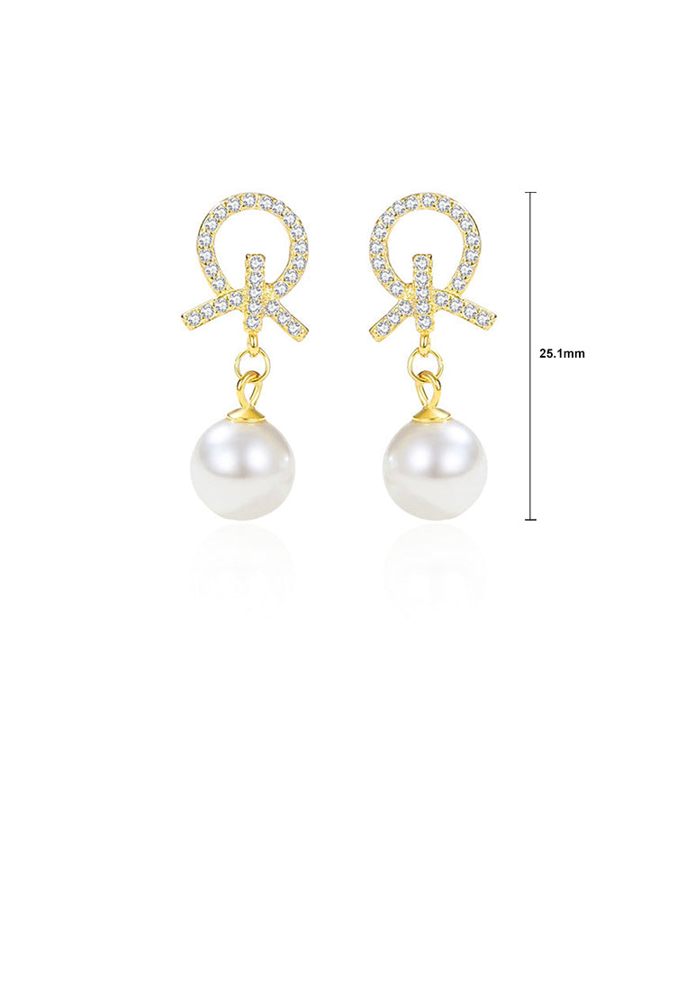 925 Sterling Silver Plated Gold Fashion Simple Knotted Geometric Imitation Pearl Earrings with Cubic Zirconia - Luxurious Look