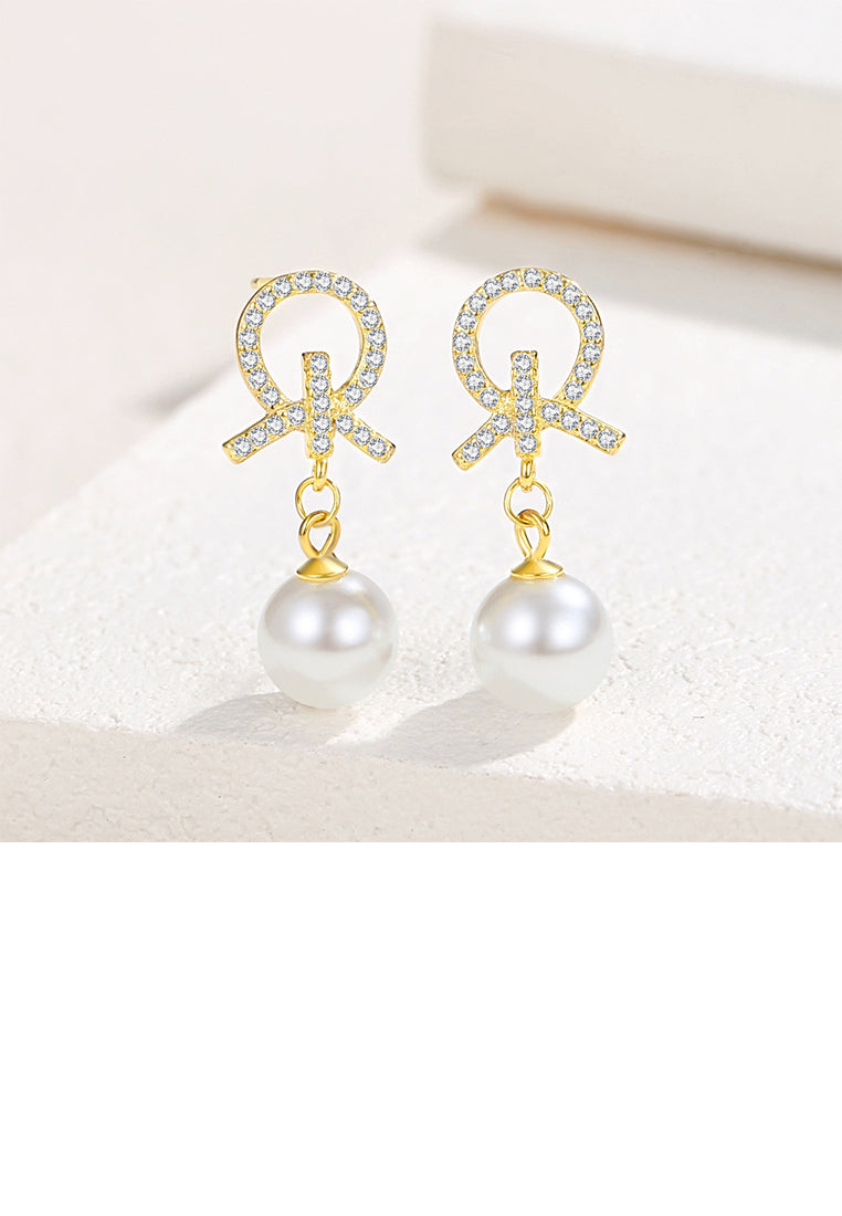 925 Sterling Silver Plated Gold Fashion Simple Knotted Geometric Imitation Pearl Earrings with Cubic Zirconia - Luxurious Look