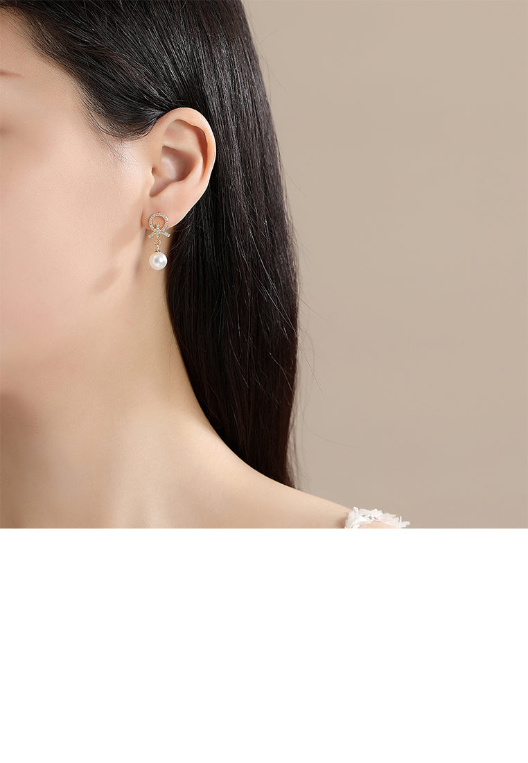 925 Sterling Silver Plated Gold Fashion Simple Knotted Geometric Imitation Pearl Earrings with Cubic Zirconia - Luxurious Look