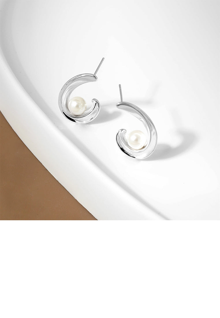 925 Sterling Silver Fashion and Elegant C-shaped Geometric Imitation Pearl Stud Earrings - Luxurious Look