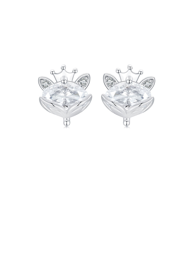 925 Sterling Silver Simple Cute Crown Fox Stud Earrings with Cubic Zirconia - Luxurious Look