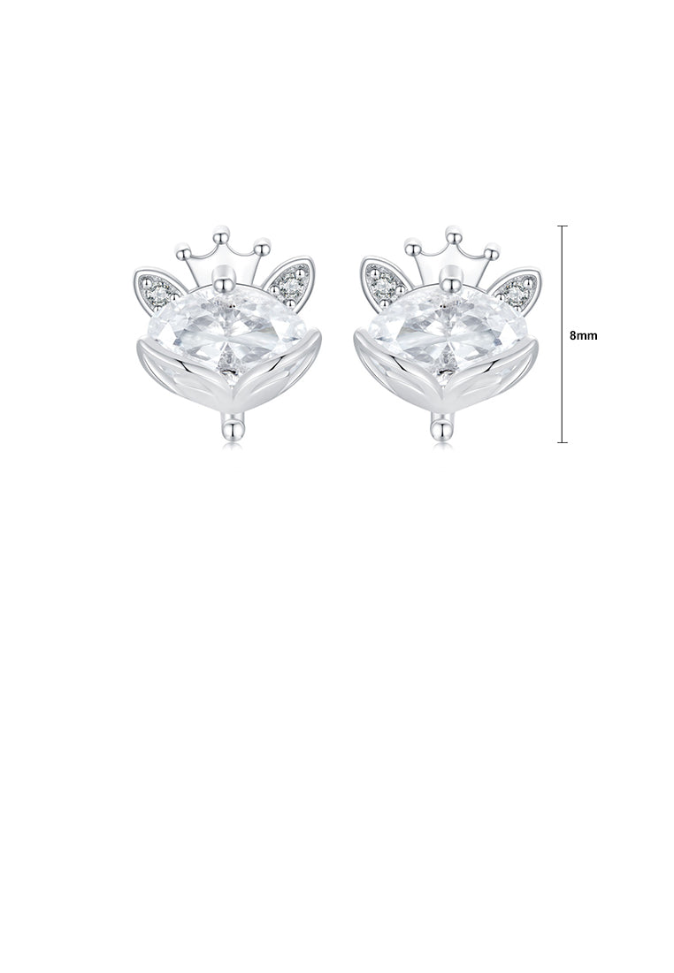 925 Sterling Silver Simple Cute Crown Fox Stud Earrings with Cubic Zirconia - Luxurious Look