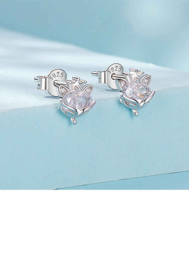 925 Sterling Silver Simple Cute Crown Fox Stud Earrings with Cubic Zirconia - Luxurious Look